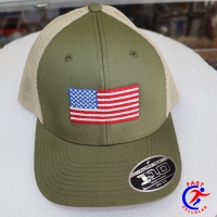 FLEXFIT 110® MESH CAP - 2-TONE Olive/Khaki, One Size, with USA FLAG embroidered